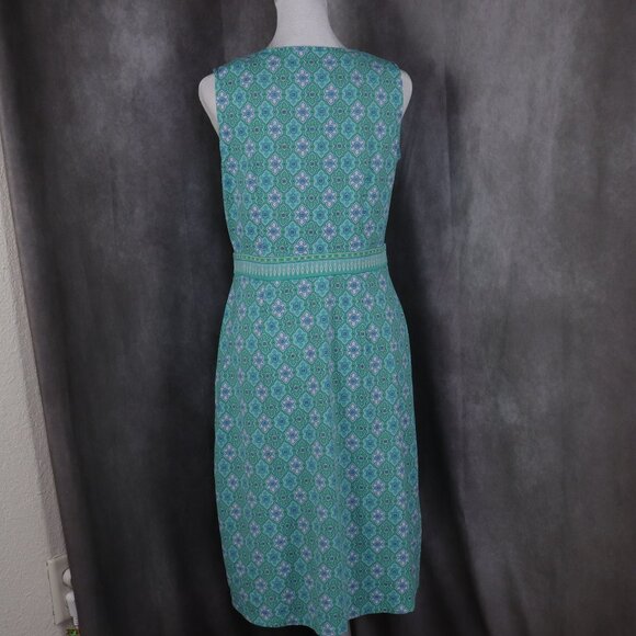 Talbots Shift Dress Womens Small Green Blue Floral Geometric Split Neck Preppy - Picture 2 of 9